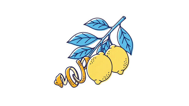 Vector illustration of a fresh lemon branch with two citrus fruits and a spiral zest