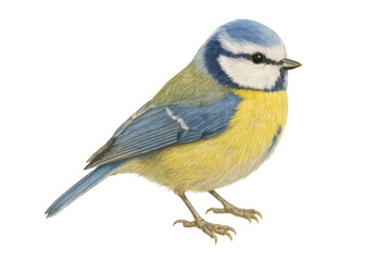 Fototapeta premium Eurasian blue tit bird illustration, common european songbird with blue and yellow plumage, transparent background