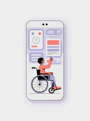 Person in a wheelchair interacting with a modern mobile app interface on a smartphone screen representing digital accessibility and inclusion