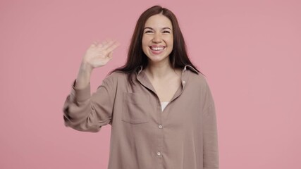 Friendly Woman waving hand - hello, salute, chao, adios. Parting, say bye camera