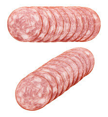 Salami slices, smoked Sausage, isolated on white background, full depth of field