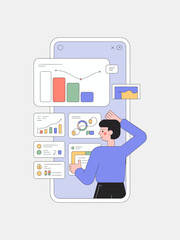 Man analyzing financial data charts and graphs on a smartphone screen with a thumbs up gesture of approval and understanding