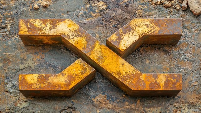Rusty metal symbol on a weathered wall showcasing texture and industrial design elements