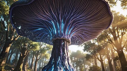 From an extreme low angle, a single mushroom looks like a giant, alien tree.