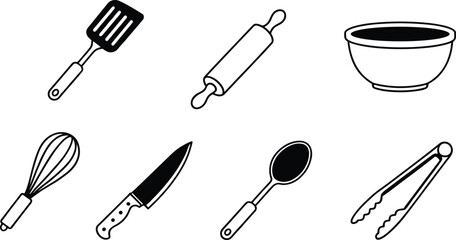 Minimalist Kitchen Utensils Vector Icons Collection, Cooking and Baking Tools Graphic Set, Black and White Spatula, Whisk, Bowl, Knife, Spoon, Rolling Pin