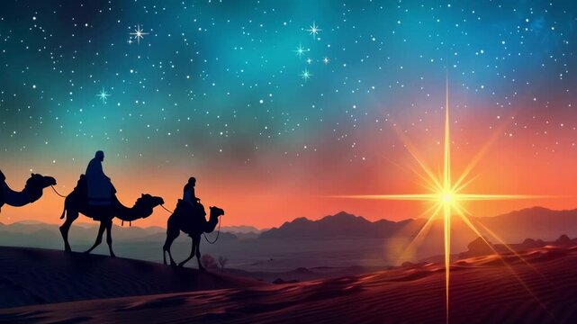 Epiphany. Three Kings Day. Silhouetted camels and travelers journey across a starry desert at dusk. El Dia de los Reyes in Spain. 