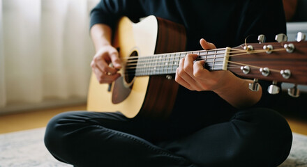 Obraz premium Person playing acoustic guitar while seated indoors, close-up of hands and instrument capturing calm music practice and relaxed home moment