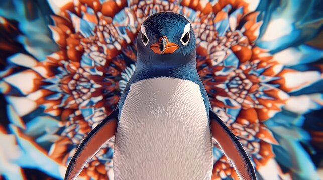 Colorful animated penguin surrounded by a vibrant kaleidoscope background showcases creativity and design - Powered by Adobe