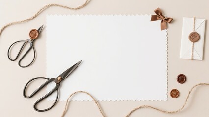 Two pairs of scissors, twine, and seal stamps are arranged around a blank piece of paper, creating a decorative scene for crafting invitations or letters