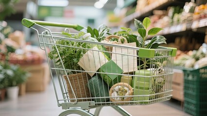 A shopping cart is filled with various plants and sustainable items in a grocery store aisle. The bright greenery adds a fresh touch to the shopping experience