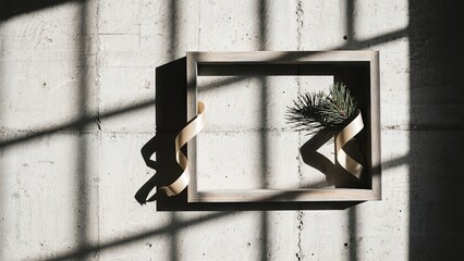 A decorative wooden frame sits on a light concrete surface, featuring a pine branch and ribbon. The sunlight casts shadows, enhancing the serene atmosphere of the setting