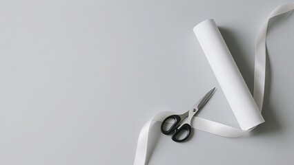 On a simple workspace, white ribbon curls gently beside a roll of white paper and a pair of scissors, ready for arts and crafts activities or gift wrapping