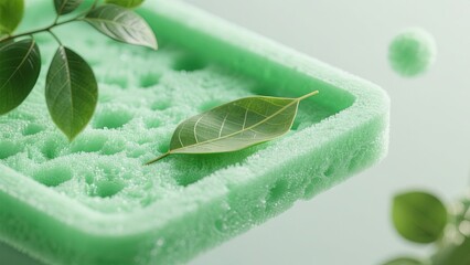 A green sponge made from sustainable materials features a leaf resting on it, highlighting eco-friendly design. The background is minimal, enhancing the natural elements