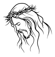 Jesus with crown of thorns sorrowful profile – sacred line art vector illustration