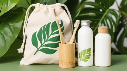 A collection of eco-friendly dental care items arranged with leafy plants in the background. Bamboo toothbrushes, refillable containers, and a reusable bag highlight sustainable living