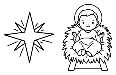 Baby Jesus in manger with Bethlehem star – cute nativity line art vector illustration
