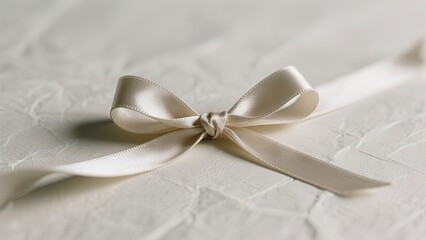 A delicate cream ribbon bow is impeccably tied and placed on a soft, textured white background, perfect for gift wrapping or craft projects