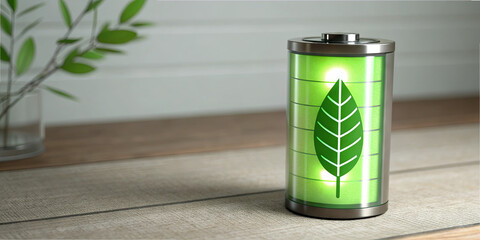 A battery with a green leaf design stands on a wooden surface, representing eco-friendly energy. Natural light creates a bright atmosphere, highlighting the emphasis on sustainability