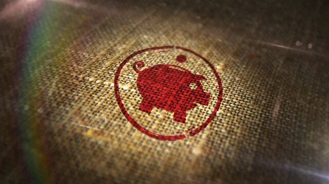 Piggy bank sign stamp on natural linen sack. Savings money box 3D  design abstract concept. Looped and seamless animation.