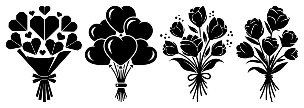 Heart bouquet icons set &ndash; romantic flower bunch silhouettes vector illustration