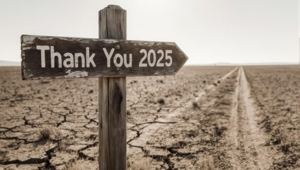 Thank You 2025 Sign in Arid Landscape, Climate Change Concept.