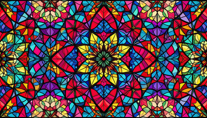 Seamless pattern of colorful stained glass elements