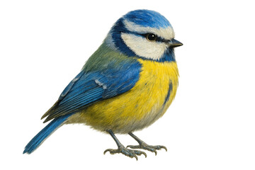 Obraz premium Blue tit bird perching, eurasian songbird with blue and yellow feathers standing, wildlife closeup on transparent background
