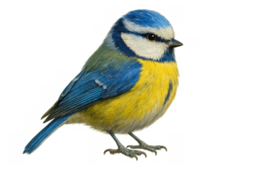 Blue tit bird perching, eurasian songbird with blue and yellow feathers standing, wildlife closeup on transparent background