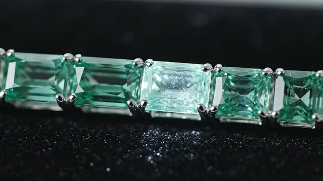 Gently, a light source pans across a row of perfectly matched emeralds.
