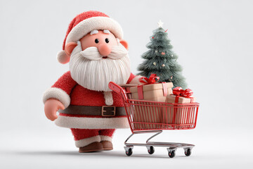 Adorable mu&ntilde;eco de pap&aacute; noel de dibujos animados 3d empujando un carro rojo de supermercado conteniendo un arbol de navidad y cajas de regalo con cintas rojas sobre fondo claro