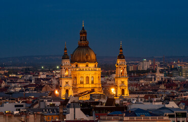 St. Stephen's Basilica at night from Fisherman's bastion in Budapest, Hungary