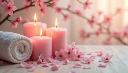 Three pink candles glow softly next to a rolled white towel and delicate cherry blossoms. Soft lighting and gentle petals create a serene spa atmosphere perfect for relaxation and wellness.