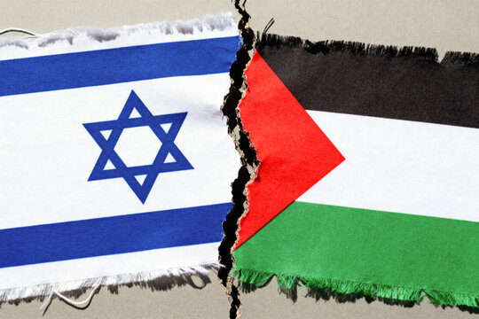 AI Generated images. Flags of Israel and Palestine on a devided ground.