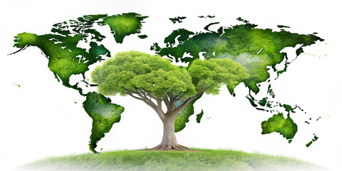 A large green tree stands prominently on a grassy area, with a world map made of lush greenery behind it, representing global environmental awareness and sustainability
