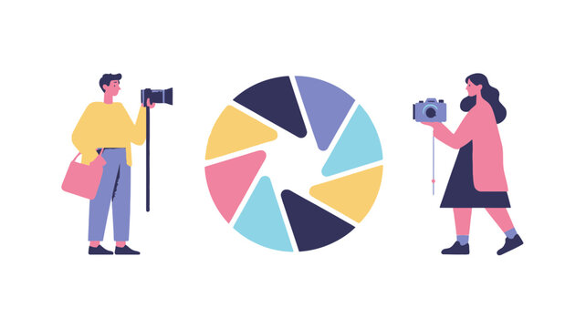 Two diverse photographers a man and a woman hold cameras and stand on either side of a colorful abstract camera aperture illustration