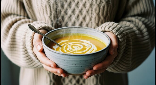 warmth and comfort — hands cradling a handmade ceramic bowl of creamy soup on a cool day