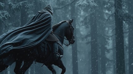 Mysterious hooded rider on horseback in snowy enchanted forest