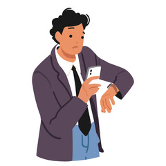 Obraz premium Businessman cartoon character looking at phone screen and wristwatch waiting for important call