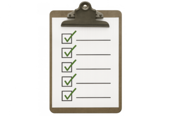 Clipboard with a paper checklist, all items marked with green checkmarks, representing accomplished goals and organized work