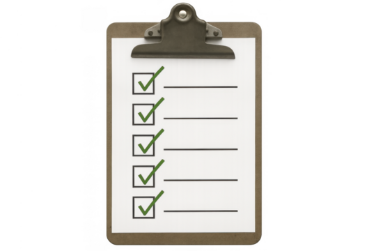 Clipboard with a paper checklist, all items marked with green checkmarks, representing accomplished goals and organized work