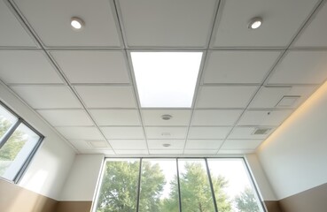 Modern office ceiling with recessed lights and large windows. Tiled panels create a clean, geometric pattern. Natural light streams in, illuminating the space.