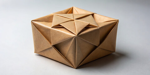 A handcrafted origami box sits on a smooth surface, skillfully formed with multiple geometric folds and sharp edges. The box exhibits a clean, minimalist design