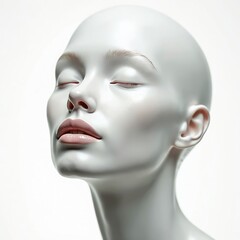 Face of woman render with closed eyes on white backdrop. Portrait of cosmetology mannequin. Artificial human head for fashion beauty business. Concept of AI, avatar and innovative tech. Female face.