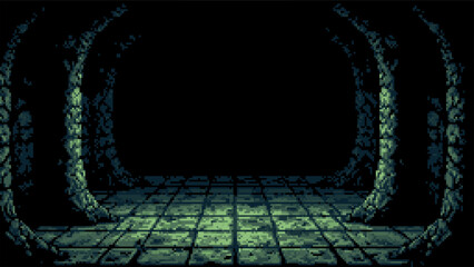 Pixel art dungeon corridor with tiled floor and stone archways. Retro video game background for adventure or fantasy setting. Y2k digital graphic concept.