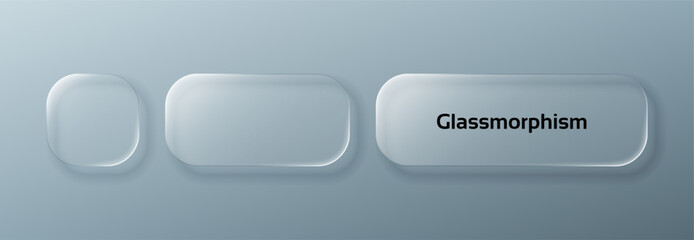 Three glassmorphism style elements on gray background. Translucent liquid glass user interface button concept. Modern design for web or app.