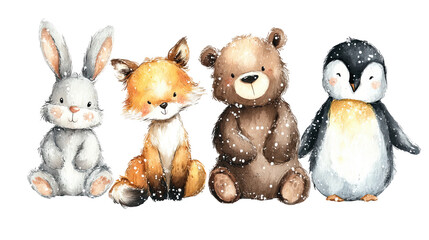 Naklejka premium Cute winter animals bunny fox bear penguin watercolor illustration transparent background