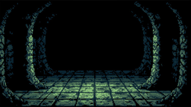 Pixel art dungeon corridor with tiled floor and stone archways. Retro video game background for adventure or fantasy setting. Y2k digital graphic concept.