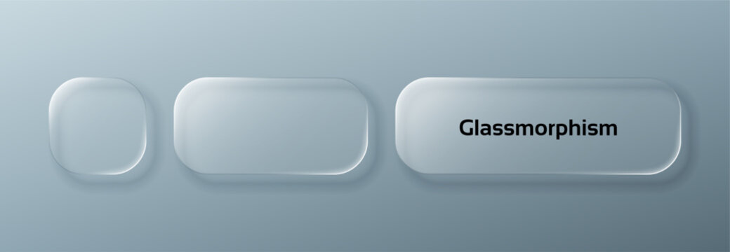 Three glassmorphism style elements on gray background. Translucent liquid glass user interface button concept. Modern design for web or app.