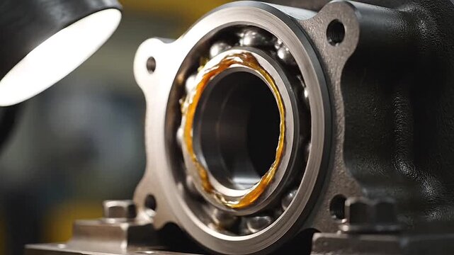 Glistening with grease, a large ball bearing rotates smoothly in its housing.