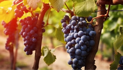 Fototapeta premium Red wine grapes on vine in vineyard, close-up
